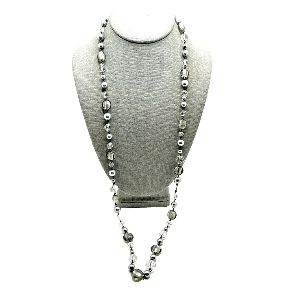 White House Black Market Station Necklace Gray Clear Glass Bead Long 35